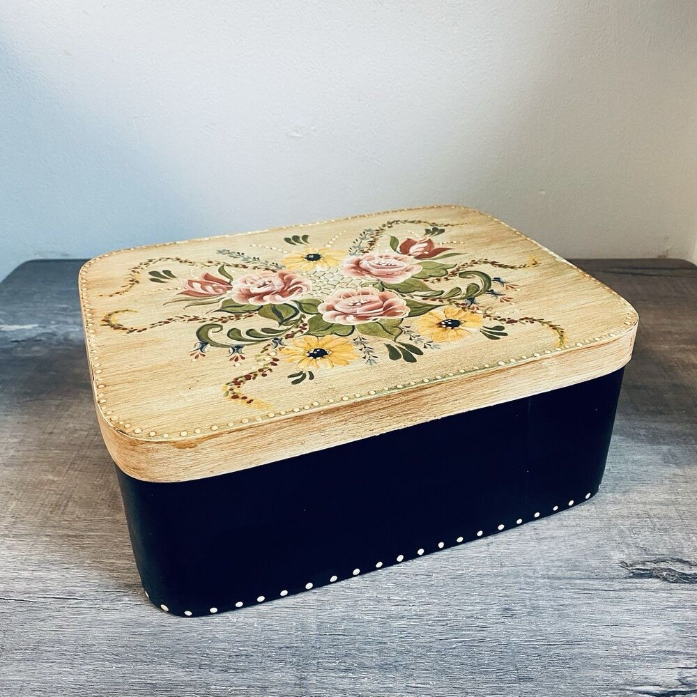 Hand Painted Thin Wooden Floral Storage Box Folk Art Roses 10.5”